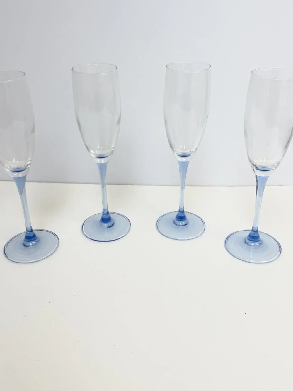 CHAMPAGNE FLUTES -- Light Blue Stems & Blue Footed Bases, Set of 4, Vintage
